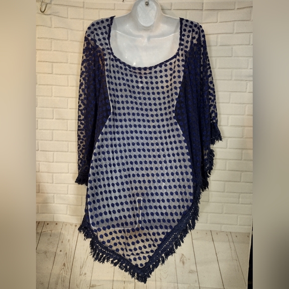 Free People Navy Embroidered Poncho With Crochet Trim - Picture 4 of 8